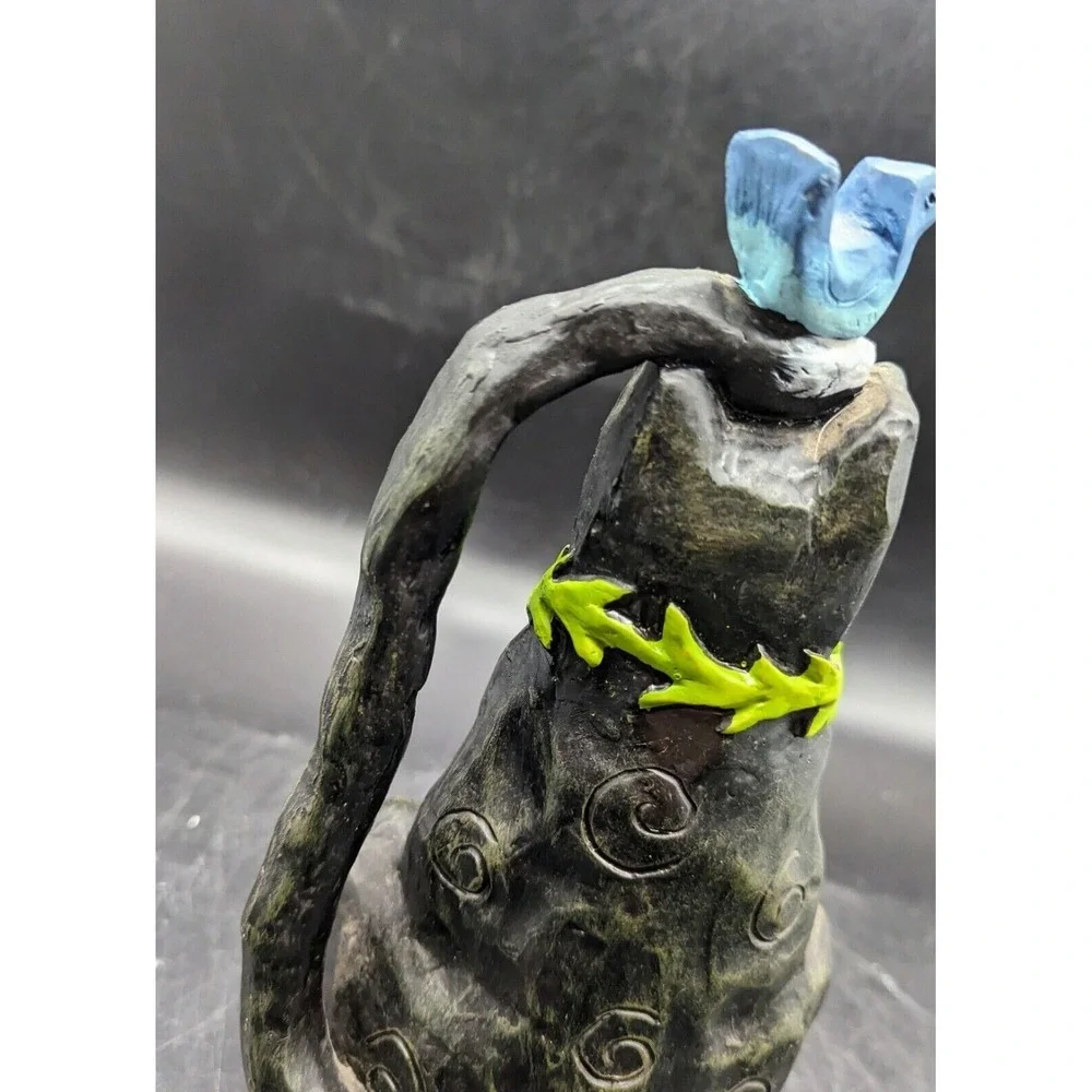 Contemporary Resin Black Cat Figurine Bluebird Nest Flower 9